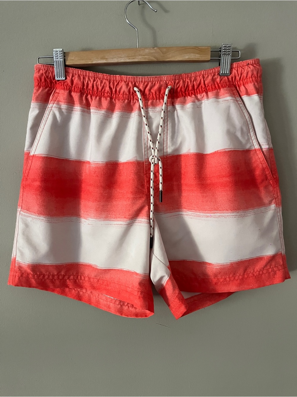 American Eagle Outfitters Coral and White Striped Swim Trunks